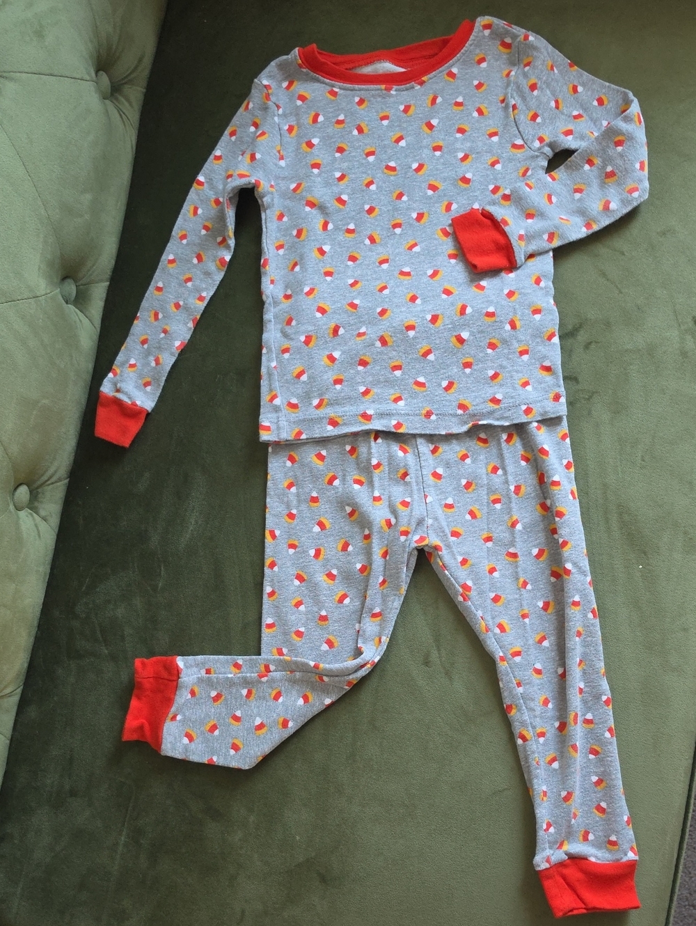 Grey Candy Corn Print Kids Pajama Set with Orange Trim